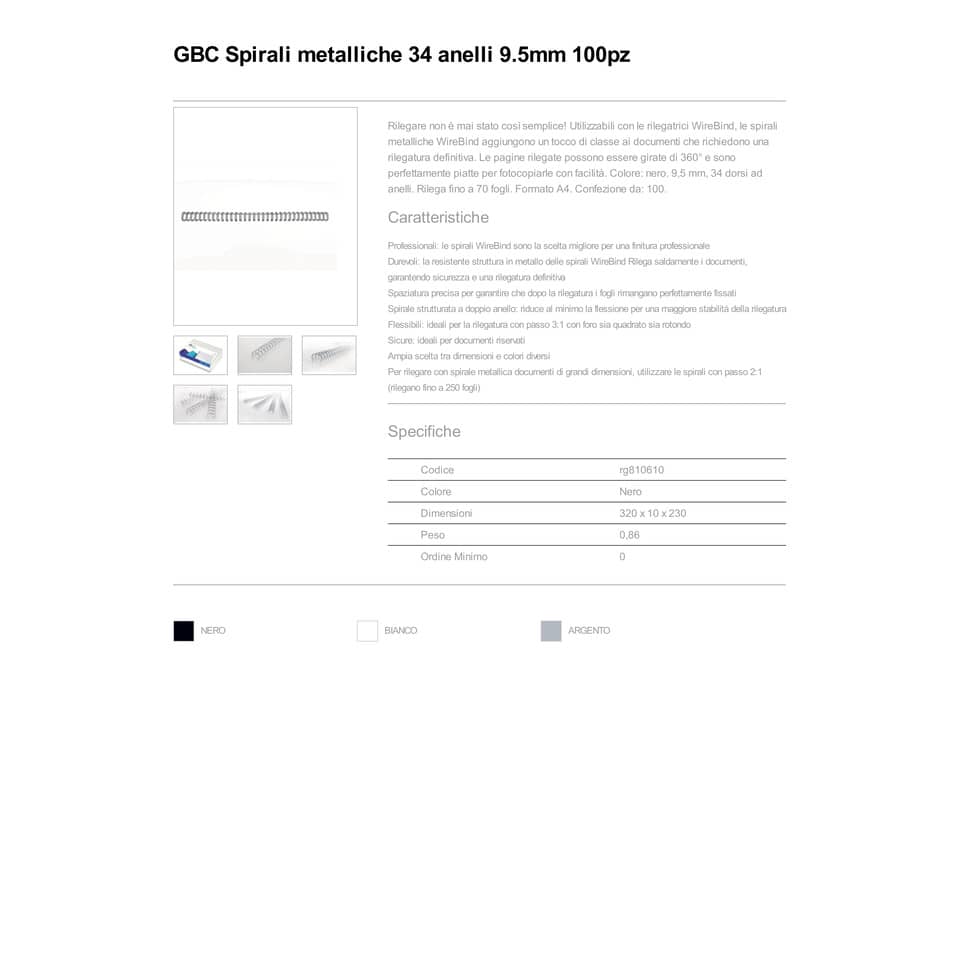 Spirali metalliche a 34 anelli GBC Wirebind 9 mm a4 nero conf da 100 spirali - RG810610