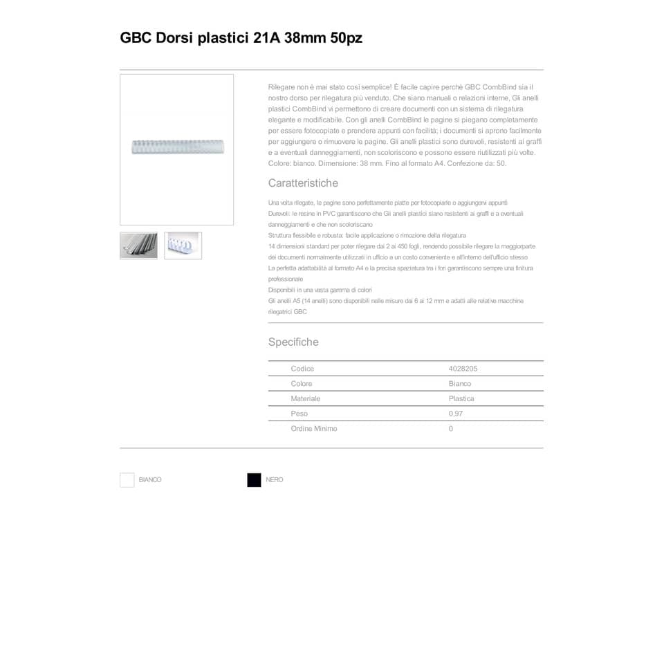Dorsi plastici a 21 anelli GBC CombBind 38 mm A4 bianco  - fino a 330 fogli conf da 50 dorsi - 4028205