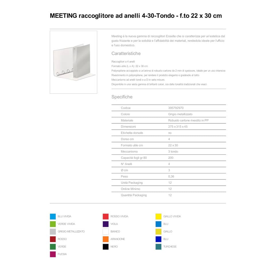 Raccoglitore Esselte Meeting a 4 anelli tondi 30mm cartone rivest. in PP grigio metallizz. 22x30cm dorso 4cm - 395792970