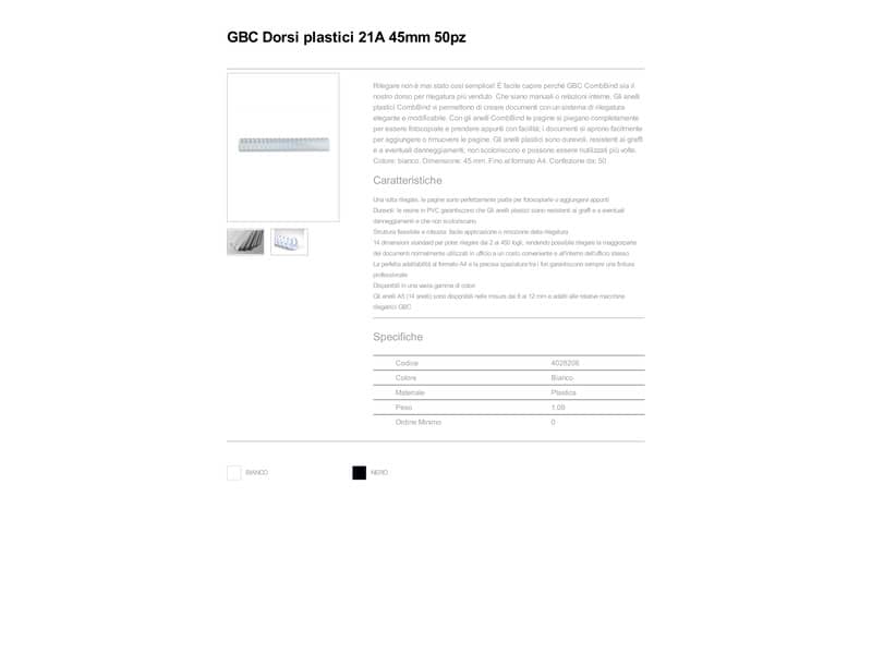 Dorsi plastici a 21 anelli GBC CombBind 45 mm A4 bianco - fino a 400 fogli conf da 50 dorsi - 4028206