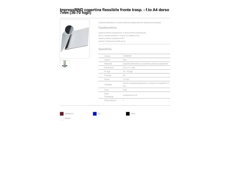 Copertina flessibile max 36-70 fogli Leitz impressBIND in PPL con dorso da 7 mm A4 nero  conf. da 10 - 73990095