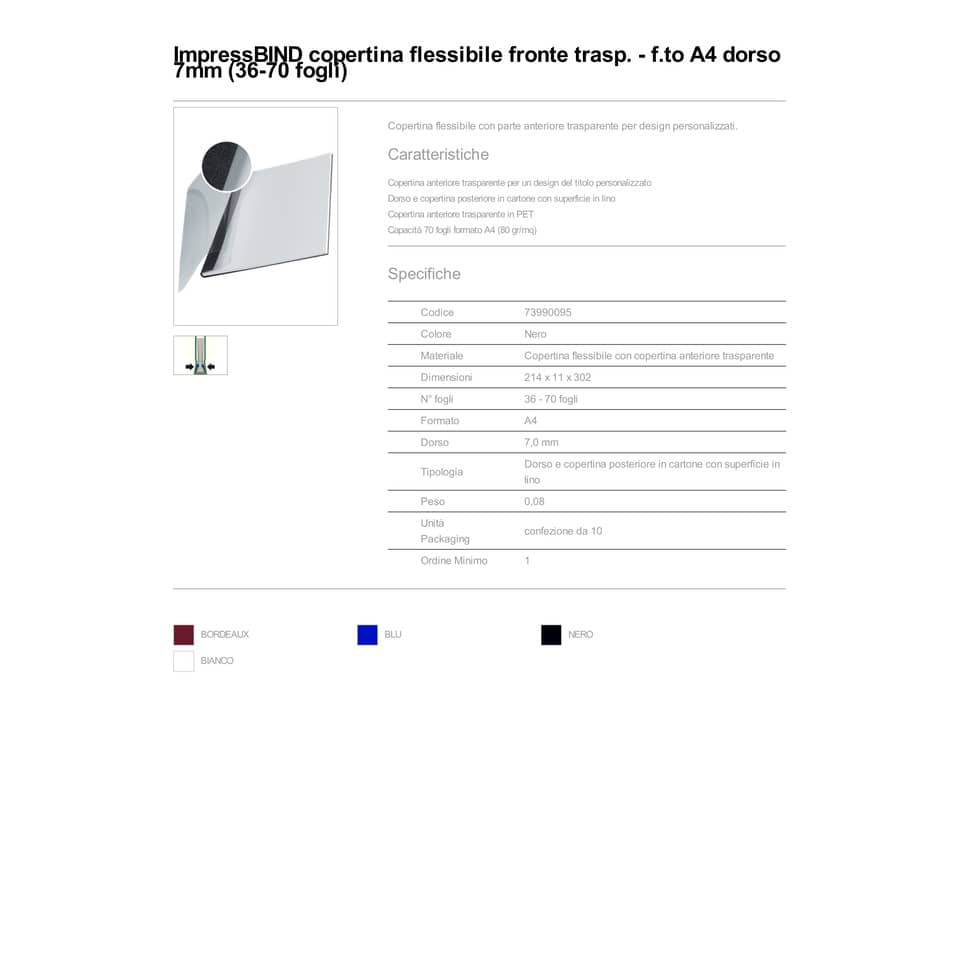 Copertina flessibile max 36-70 fogli Leitz impressBIND in PPL con dorso da 7 mm A4 nero  conf. da 10 - 73990095