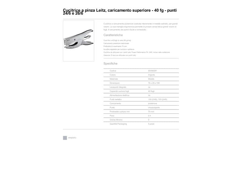 Cucitrice a pinza max 40 fogli Leitz 5549 grigio metallizzato satinato 55490081