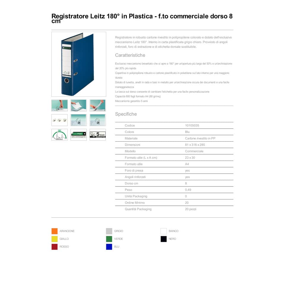 Registratore senza custodia Leitz 180° commerciale dorso 8 cm cartone rivestito in polipropilene blu - 10105035