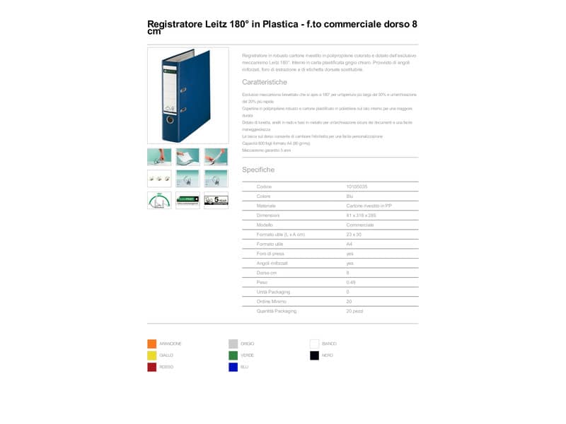 Registratore senza custodia Leitz 180° commerciale dorso 8 cm cartone rivestito in polipropilene blu - 10105035