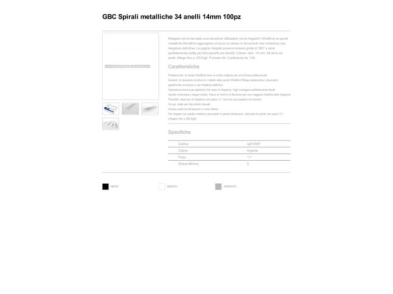 Spirali metalliche a 34 anelli GBC WireBind 14 mm a4 argento conf da 100 spirali - RG810997