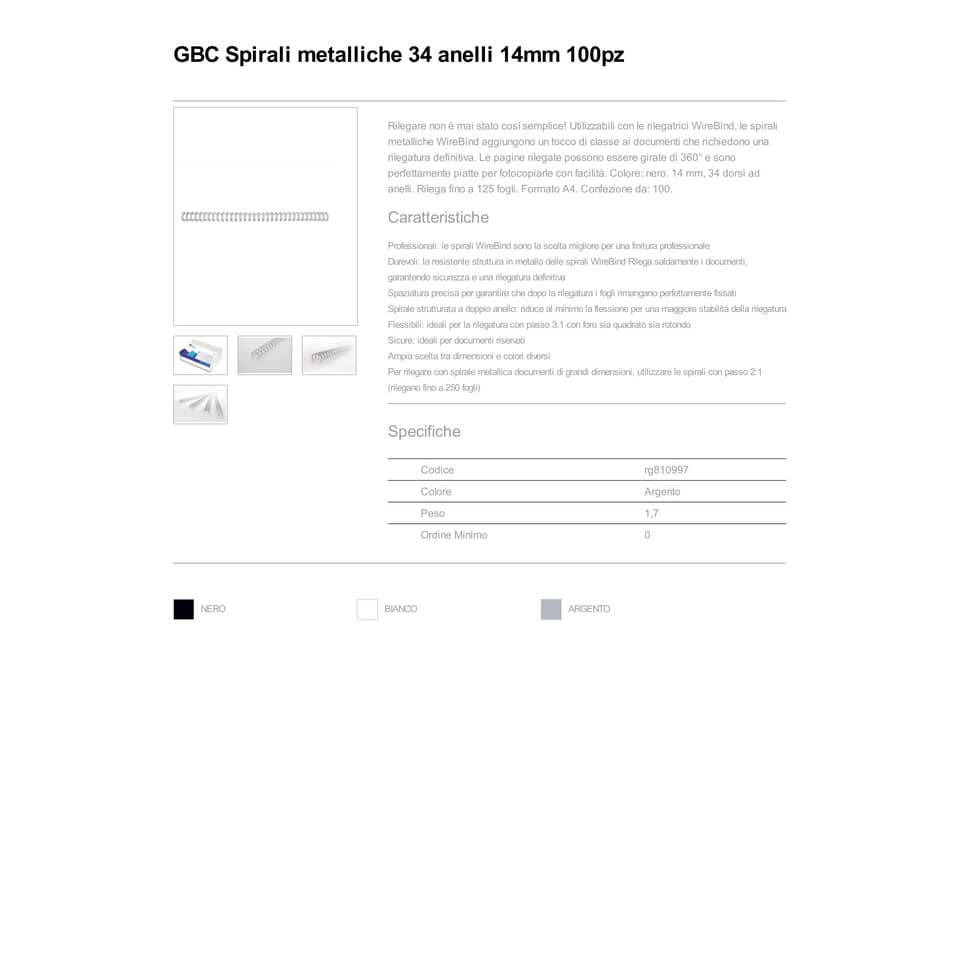 Spirali metalliche a 34 anelli GBC WireBind 14 mm a4 argento conf da 100 spirali - RG810997