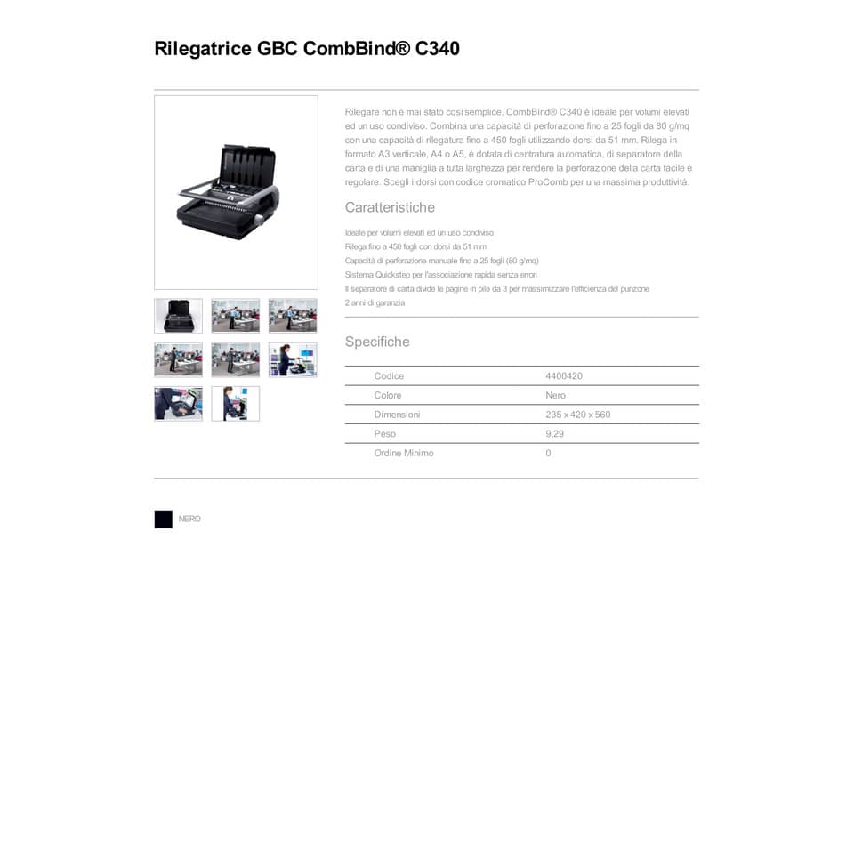Rilegatrice a dorsi plastici GBC CombBind C340 nero 4400420