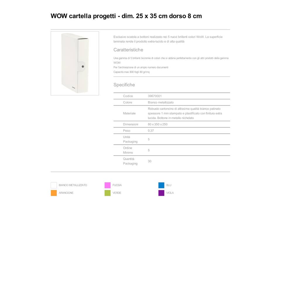 Scatola portaprogetti Leitz WOW in cartone - dorso 8 cm - formato 25x35 cm bianco metallizzato - 39670001