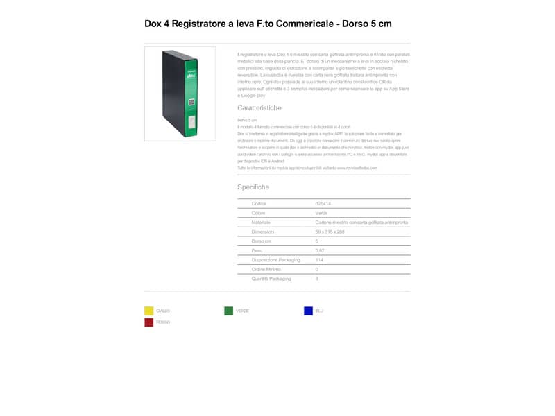 Registratore a leva DOX4 Commerciale 28,5x31,5 cm - dorso 5 cm verde - D26414