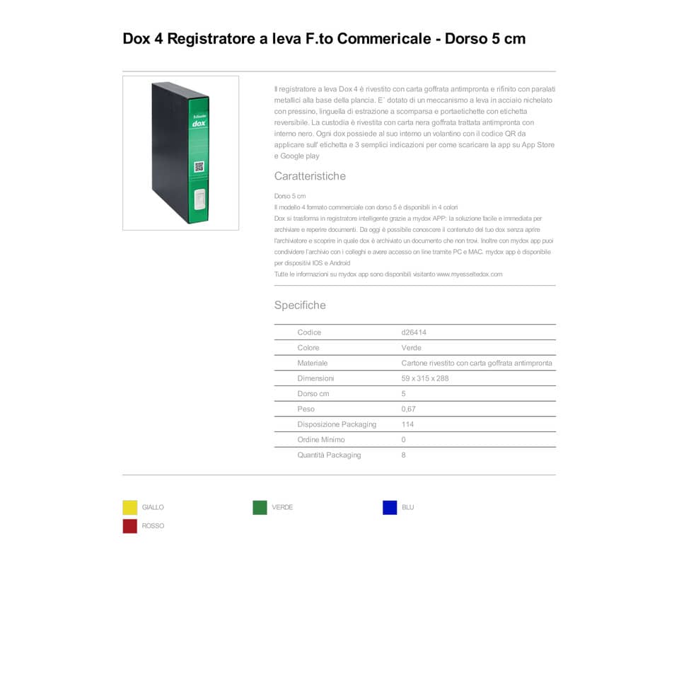 Registratore a leva DOX4 Commerciale 28,5x31,5 cm - dorso 5 cm verde - D26414