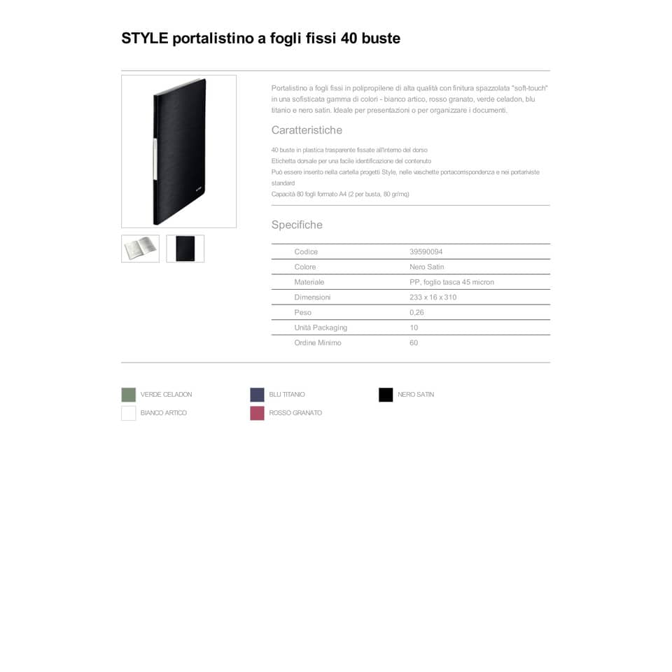 Portalistini a fogli fissi - 80 fogli Leitz STYLE in PPL con 40 buste A4 nero satin - 39590094