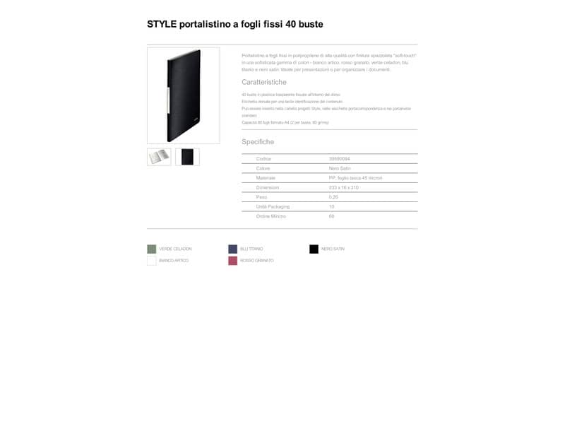 Portalistini a fogli fissi - 80 fogli Leitz STYLE in PPL con 40 buste A4 nero satin - 39590094