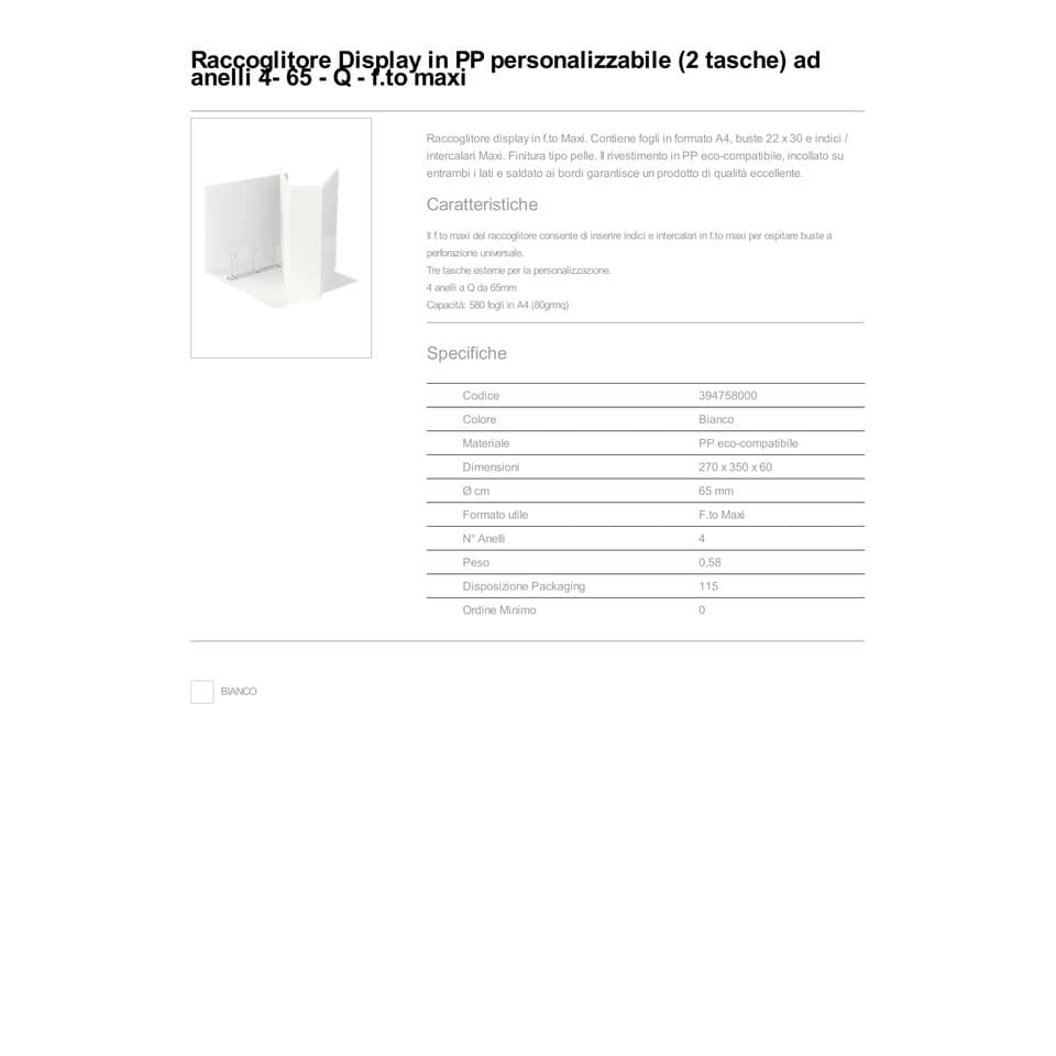 Raccoglitore personalizzabile Esselte Display a 4 anelli a Q 65mm PP eco-comp. bianco formato Maxi- 394758000
