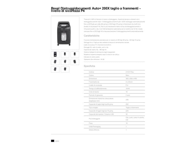 Distruggidocumenti ad alimentazione automatica Rexel Auto+200X P-4 32 L taglio a frammenti 4x40 mm - 2103175EU