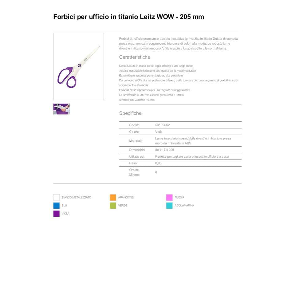 Forbici da ufficio Leitz WOW asimmetrica acciaio inox rivestito in titanio viola metallizzato 20,5 cm - 53192062