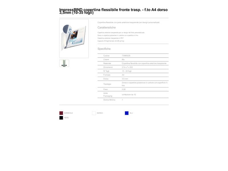Copertina flessibile max 10-35 fogli Leitz impressBIND in PPL con dorso da 3,5 mm A4 nero  conf. da 10 - 73980095