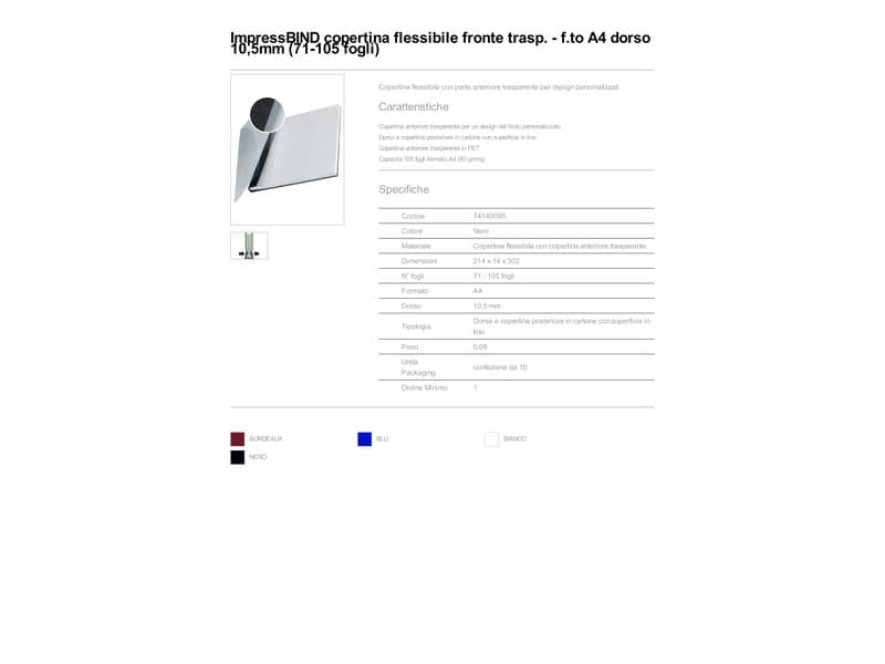 Copertina flessibile max 71-105 fogli Leitz impressBIND in PPL con dorso da 10,5 mm A4 nero  conf. da 10 - 74140095