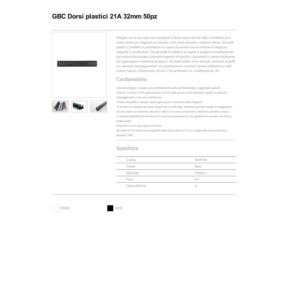 Dorsi plastici a 21 anelli GBC CombBind 32 mm A4 nero - fino a 310 fogli conf da 50 dorsi - 4028184