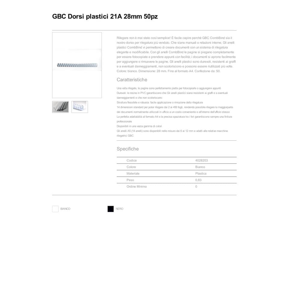 Dorsi plastici a 21 anelli GBC CombBind 28 mm A4 bianco - fino a 240 fogli conf da 50 dorsi - 4028203