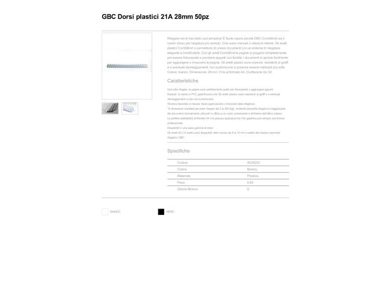 Dorsi plastici a 21 anelli GBC CombBind 28 mm A4 bianco - fino a 240 fogli conf da 50 dorsi - 4028203