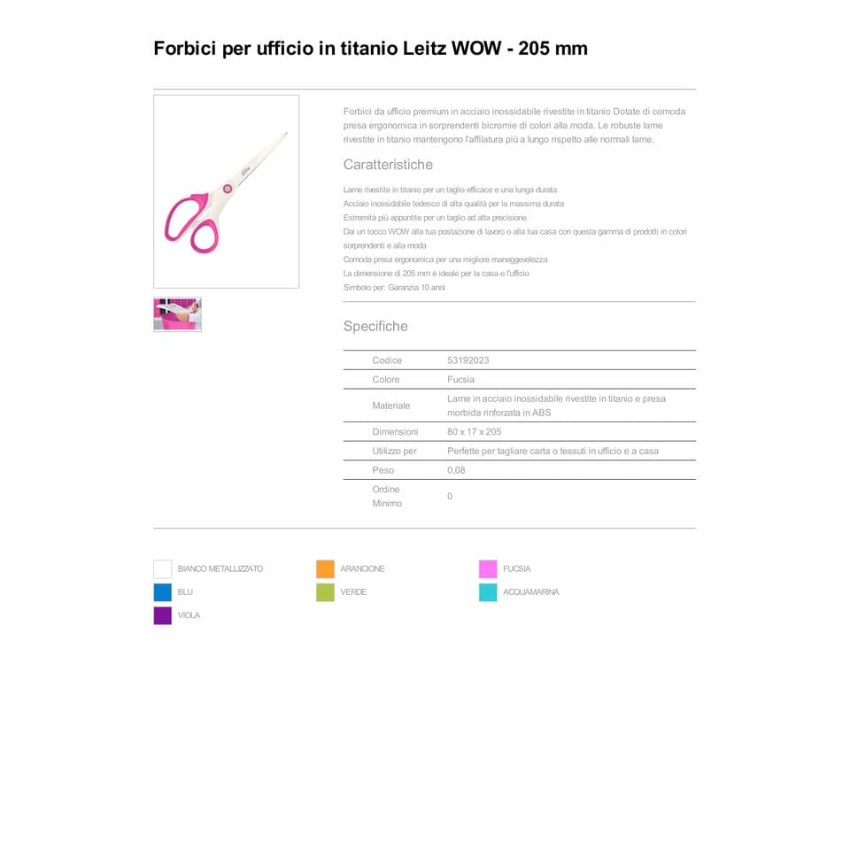 Forbici da ufficio Leitz WOW asimmetrica acciaio inox rivestito in titanio fucsia 20,5 cm - 53192123