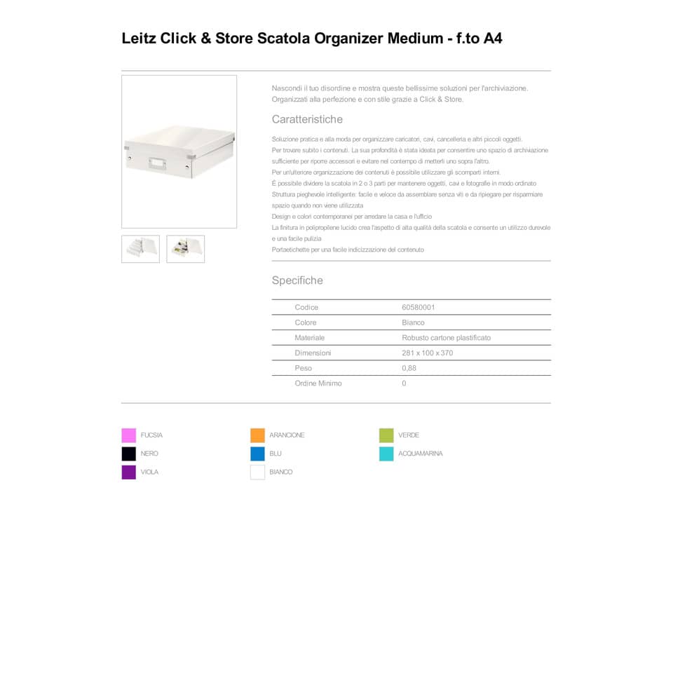Scatola Organizer "M" Leitz CLICK & STORE A4 bianco metallizzato 28,1x10x37 cm - 60580001