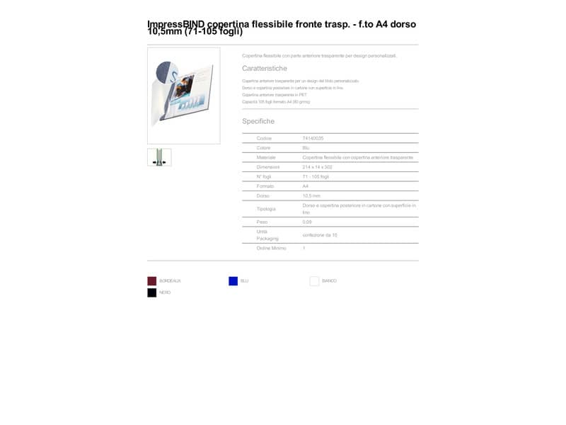 Copertina flessibile max 71-105 fogli Leitz impressBIND in PPL con dorso da 10,5 mm A4 blu  conf. da 10 - 74140035