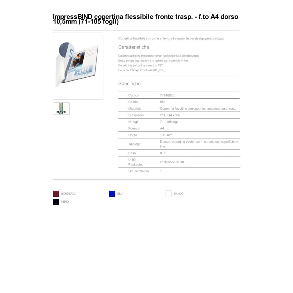 Copertina flessibile max 71-105 fogli Leitz impressBIND in PPL con dorso da 10,5 mm A4 blu  conf. da 10 - 74140035