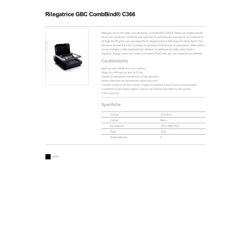 Rilegatrice a dorsi plastici GBC CombBind® C366 nero 2101434