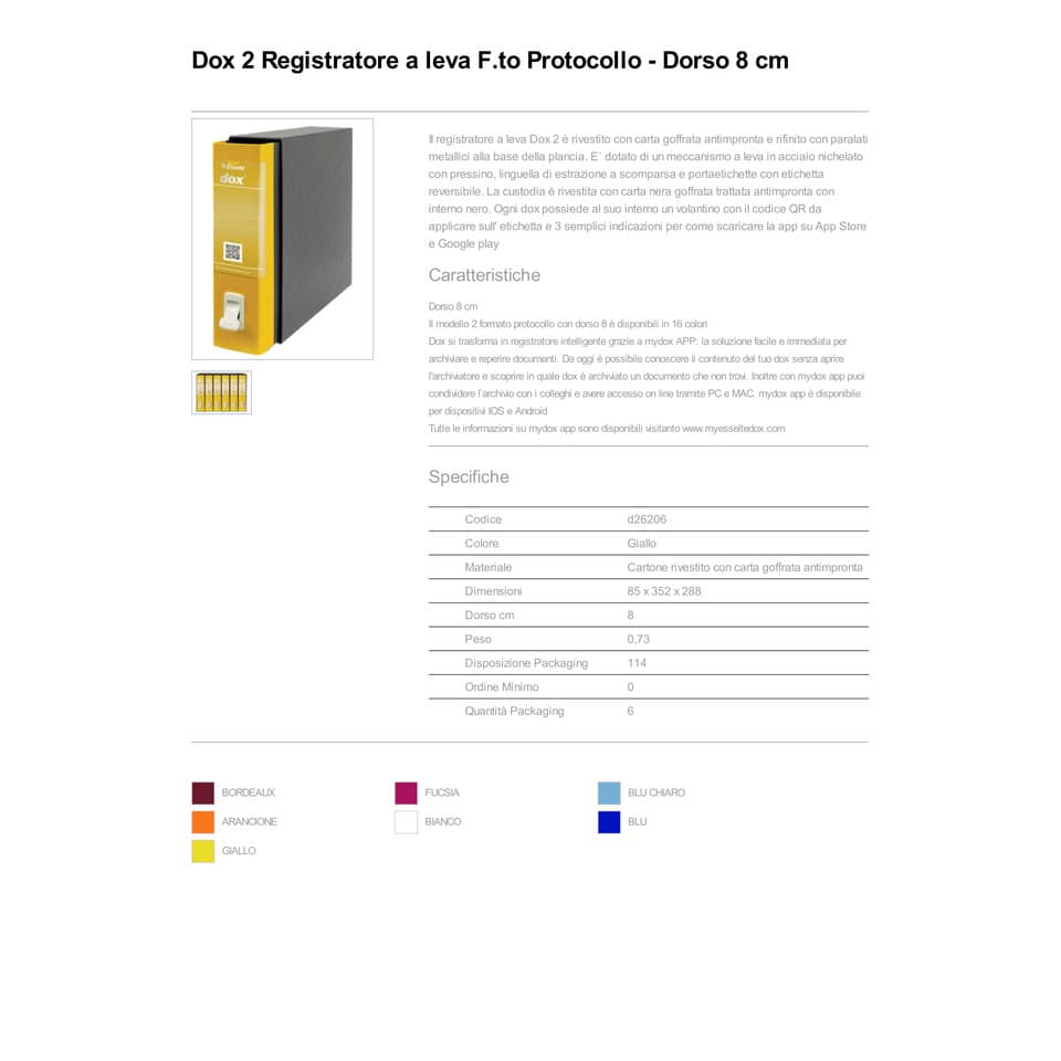 Registratore a leva DOX2 Protocollo 28,5x35 cm - dorso 8 cm giallo D26206