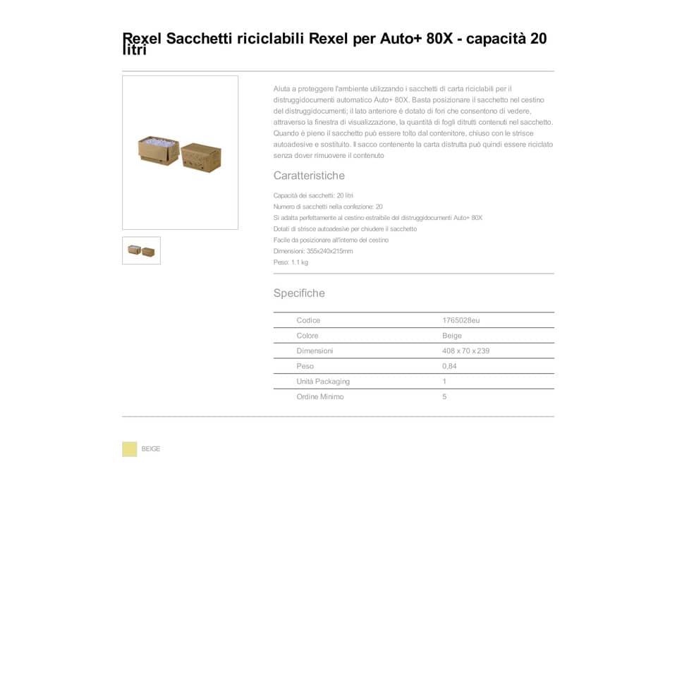 Sacchetti riciclabili sfrido per distruggidocumenti  Rexel Auto+ 80X 20 L conf. da 20 - 1765028EU