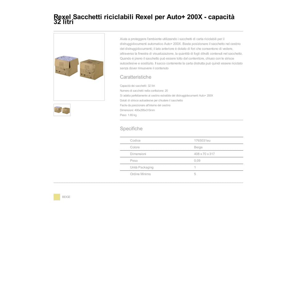 Sacchetti riciclabili sfrido per distruggidocumenti Rexel Auto+ 200X 32 L conf. da 20 - 1765031EU