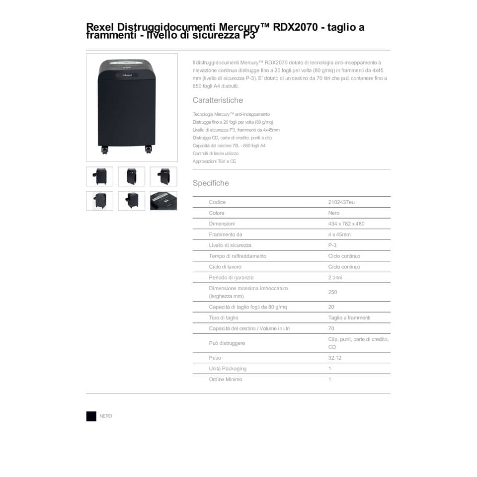 Distruggidocumenti uso frequente Rexel Mercury RDX2070 P-3 70 L - taglio a frammenti 4x45 mm - nero - 2102437EU