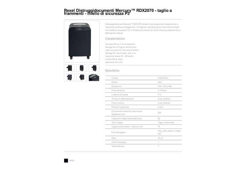 Distruggidocumenti uso frequente Rexel Mercury RDX2070 P-3 70 L - taglio a frammenti 4x45 mm - nero - 2102437EU