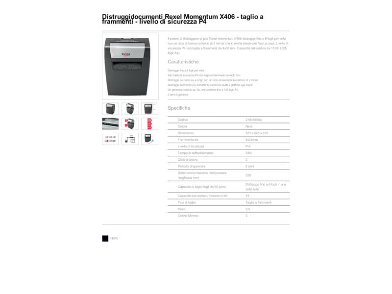Distruggidocumenti uso personale Rexel Momentum X406 - P-4 - 15 L - taglio a frammenti 4x30 mm - 2104569EU