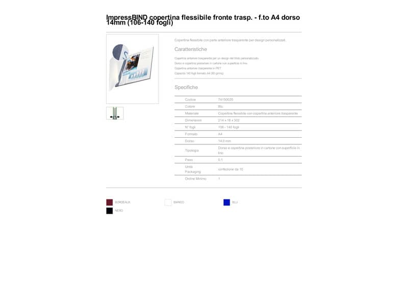 Copertina flessibile max 106-140 fogli Leitz impressBIND in PPL con dorso da 14 mm A4 blu  conf. da 10 - 74150035