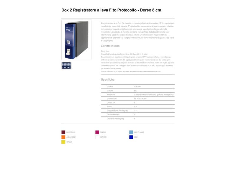 Registratore a leva DOX2 Protocollo 28,5x35 cm - dorso 8 cm blu D26204