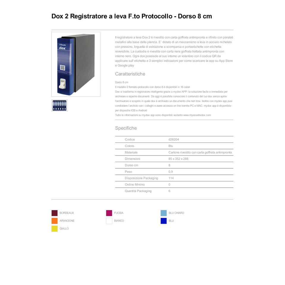 Registratore a leva DOX2 Protocollo 28,5x35 cm - dorso 8 cm blu D26204