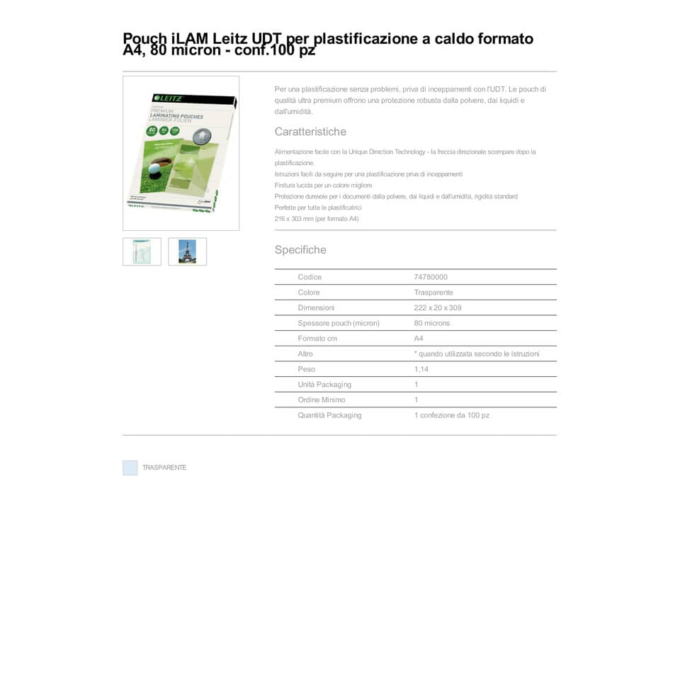 Pouches per plastificatrici Leitz iLam con UDT 2x80 µm in EVA A4 21,6x30,3 cm Conf. 100 pezzi - 74780000