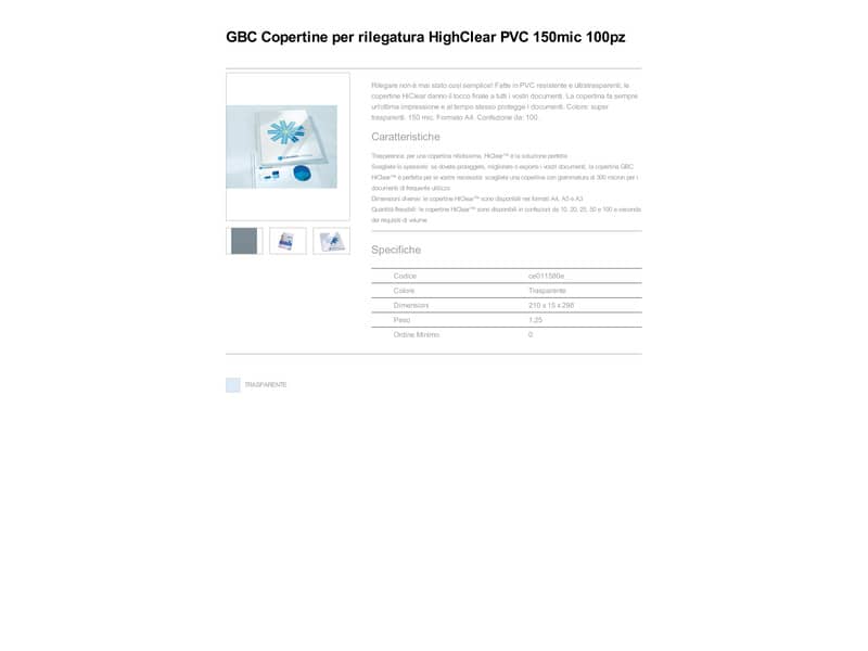 Copertine per rilegatura GBC Hiclear in pvc A4 150 my trasparente conf da 100 copertine - CE011580E