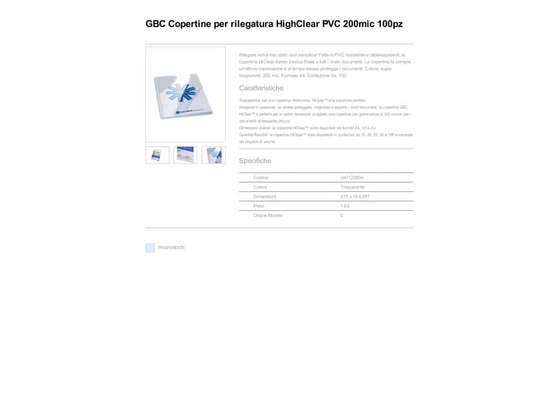 Copertine per rilegatura GBC Hiclear in pvc A4 200 my trasparente conf da 100 copertine - CE012080E