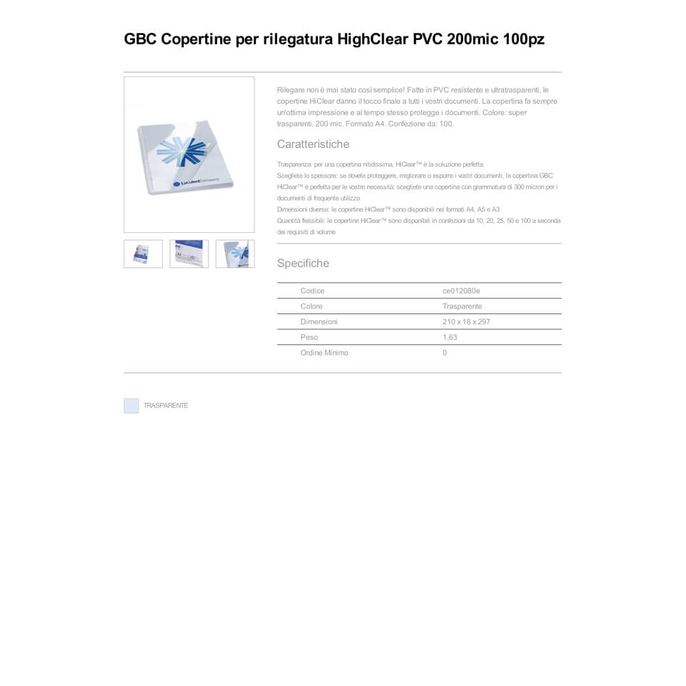 Copertine per rilegatura GBC Hiclear in pvc A4 200 my trasparente conf da 100 copertine - CE012080E