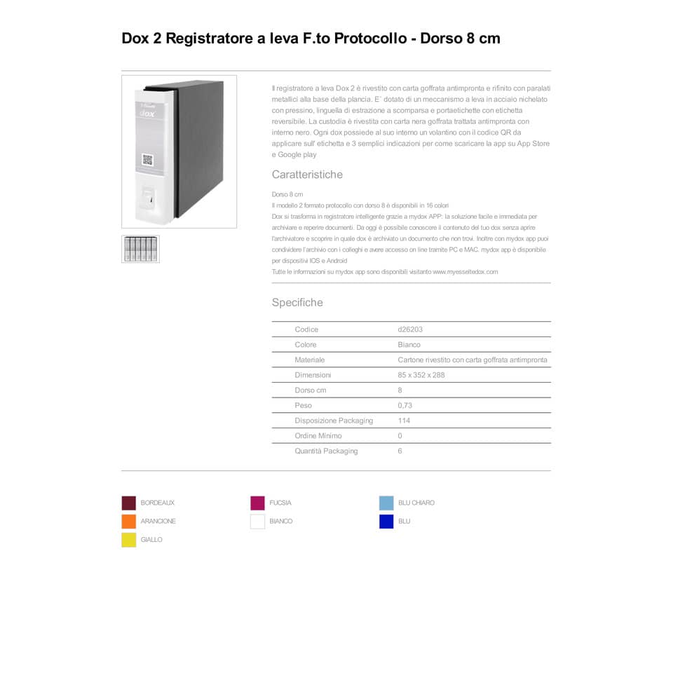 Registratore a leva DOX2 Protocollo 28,5x35 cm - dorso 8 cm bianco bianco - D26203