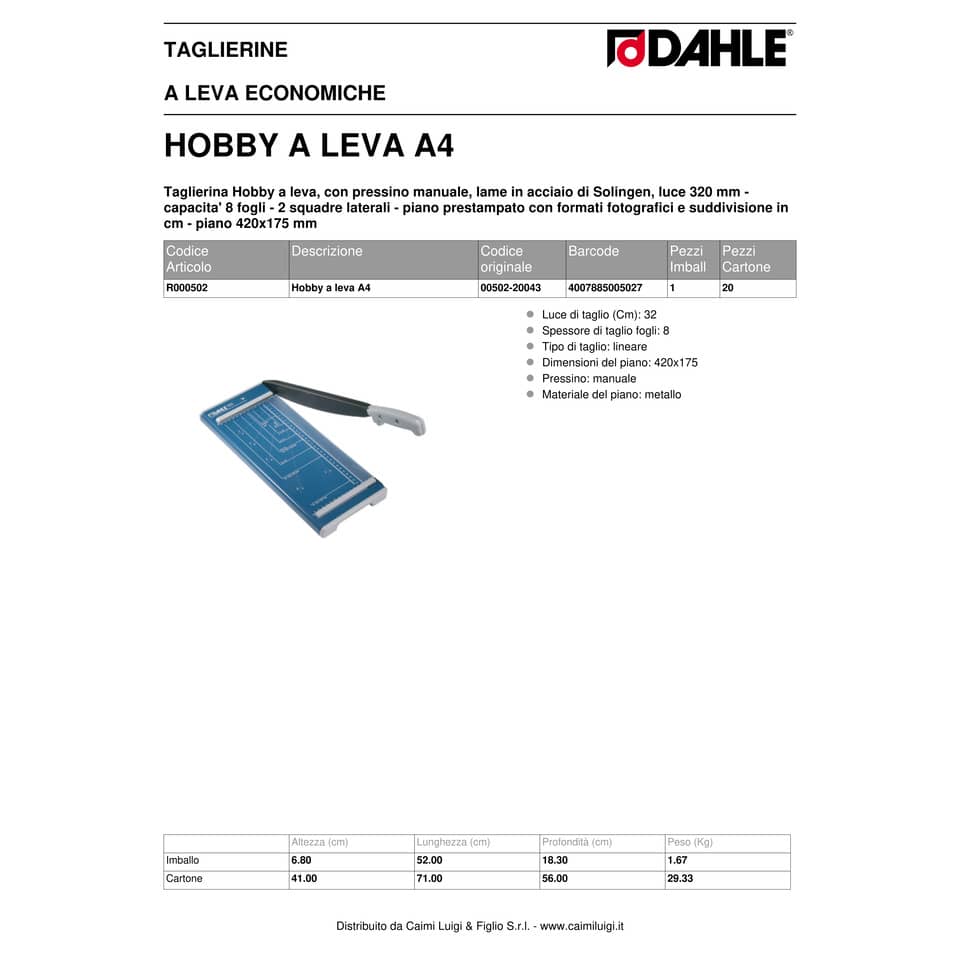 Taglierina a leva Dahle Hobby con pressino manuale max 8 fogli - luce 320-0,8 mm blu  00502-20043