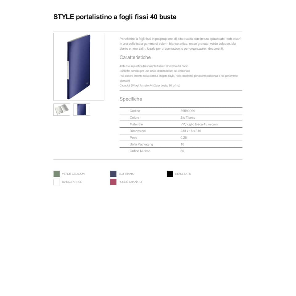 Portalistini a fogli fissi - 80 fogli Leitz STYLE in PPL con 40 buste A4 blu titanio - 39590069