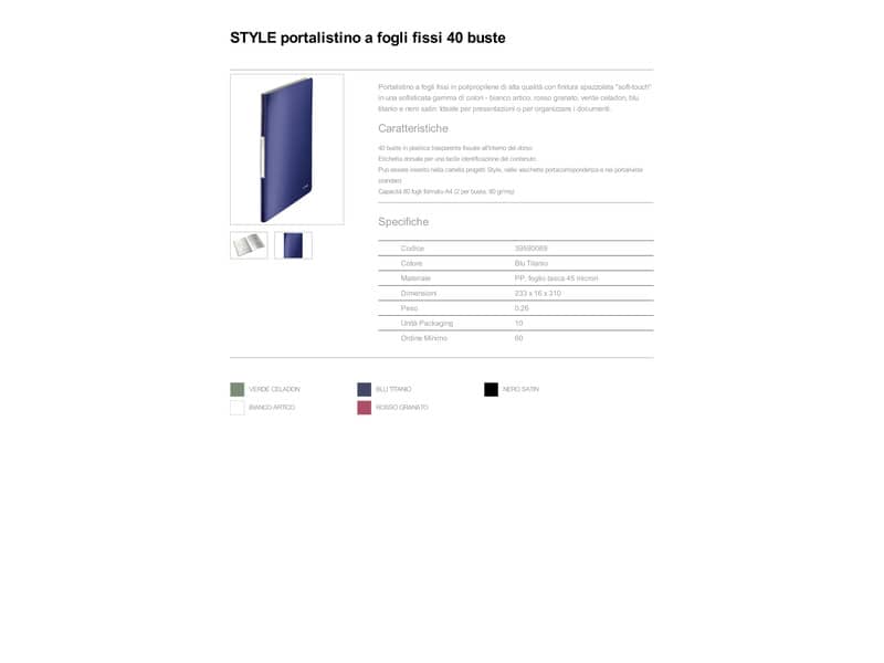 Portalistini a fogli fissi - 80 fogli Leitz STYLE in PPL con 40 buste A4 blu titanio - 39590069