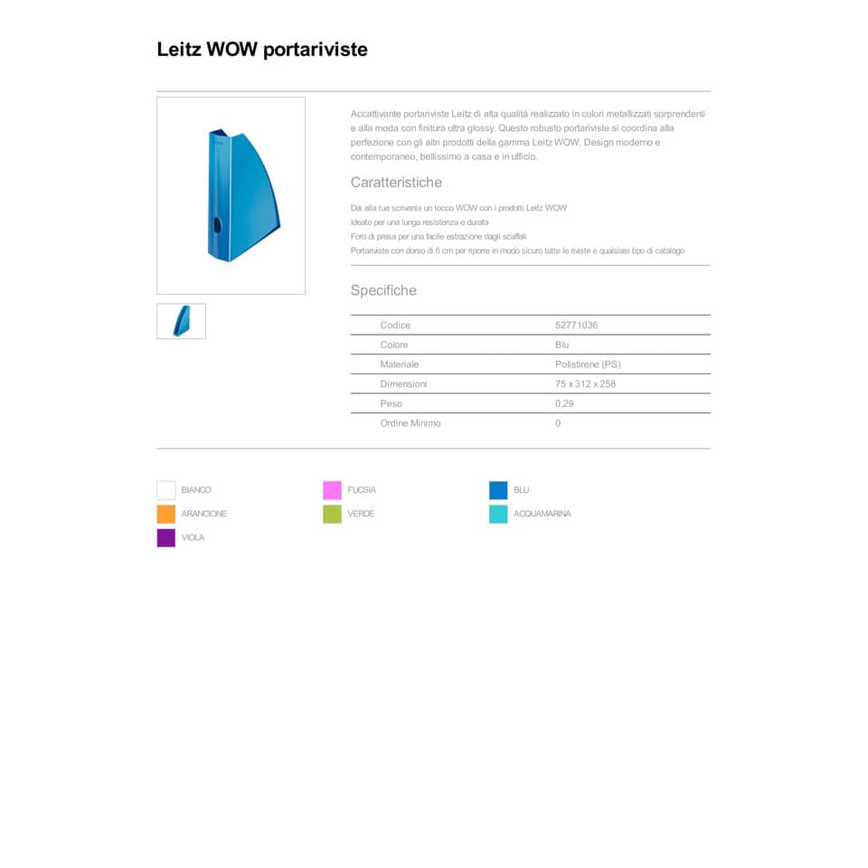 Portariviste Leitz WOW in polistirolo A4 blu metallizzato 7,5x25,8x31,2 cm - 52771036