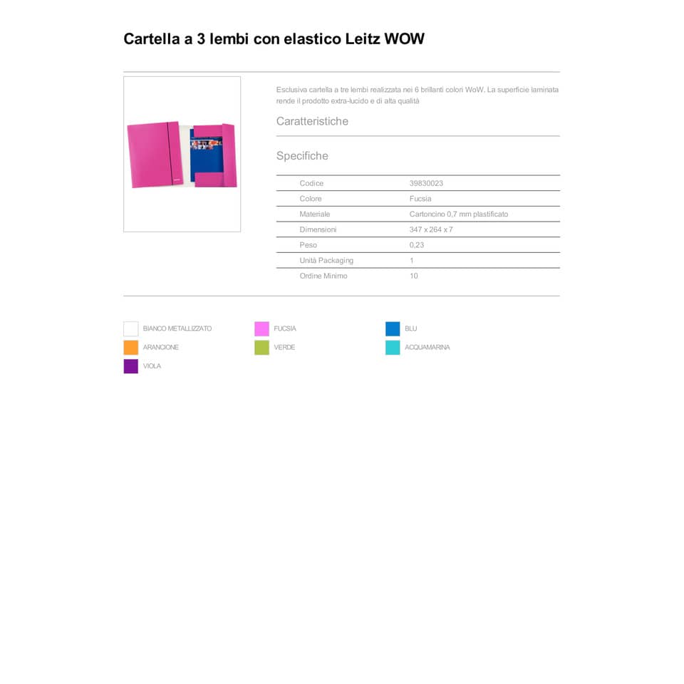 Cartelle a 3 lembi Leitz WoW plastificate con elastico 26,5x35 cm fucsia metallizzato - 39830023