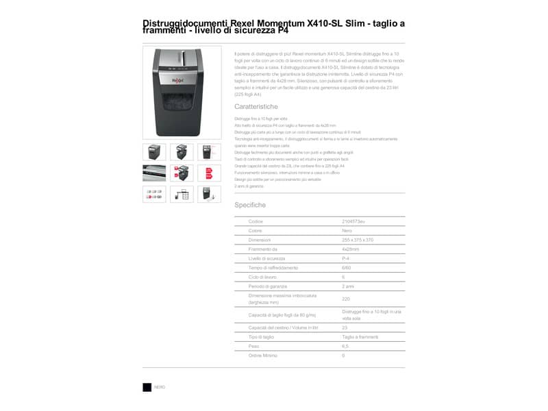 Distruggidocumenti uso moderato Rexel Momentum X410-SL Slimline P-4 - 23 L- taglio a frammenti 4x28 mm - 2104573EU